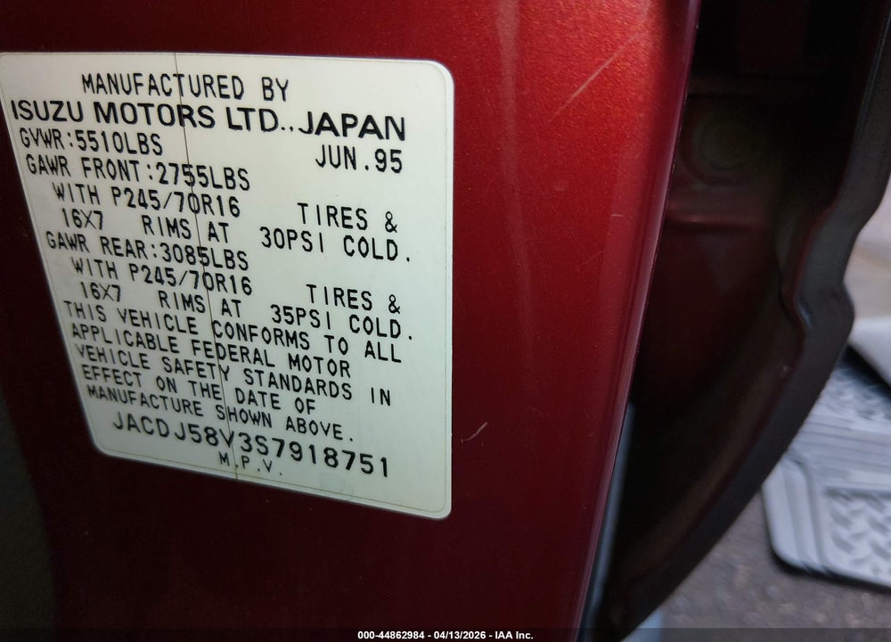 1995 ISUZU TROOPER S VIN: JACDJ58V3S7918751