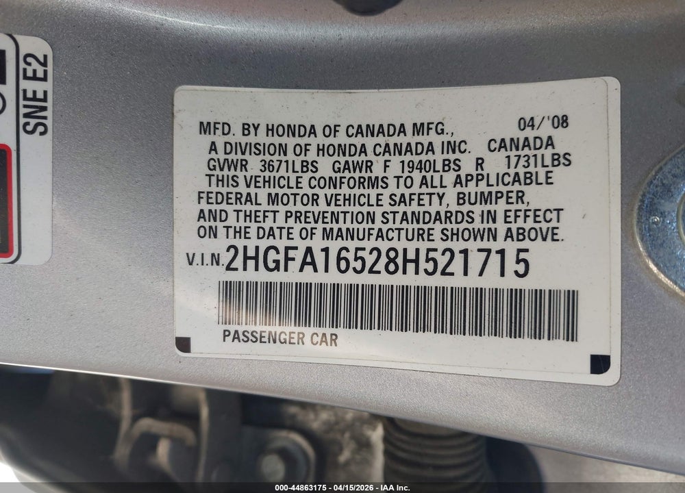 2008 HONDA CIVIC LX VIN: 2HGFA16528H521715