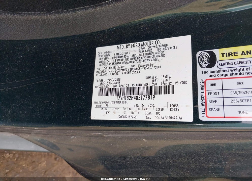 2008 FORD MUSTANG GT DELUXE/GT PREMIUM VIN: 1ZVHT82H485177819