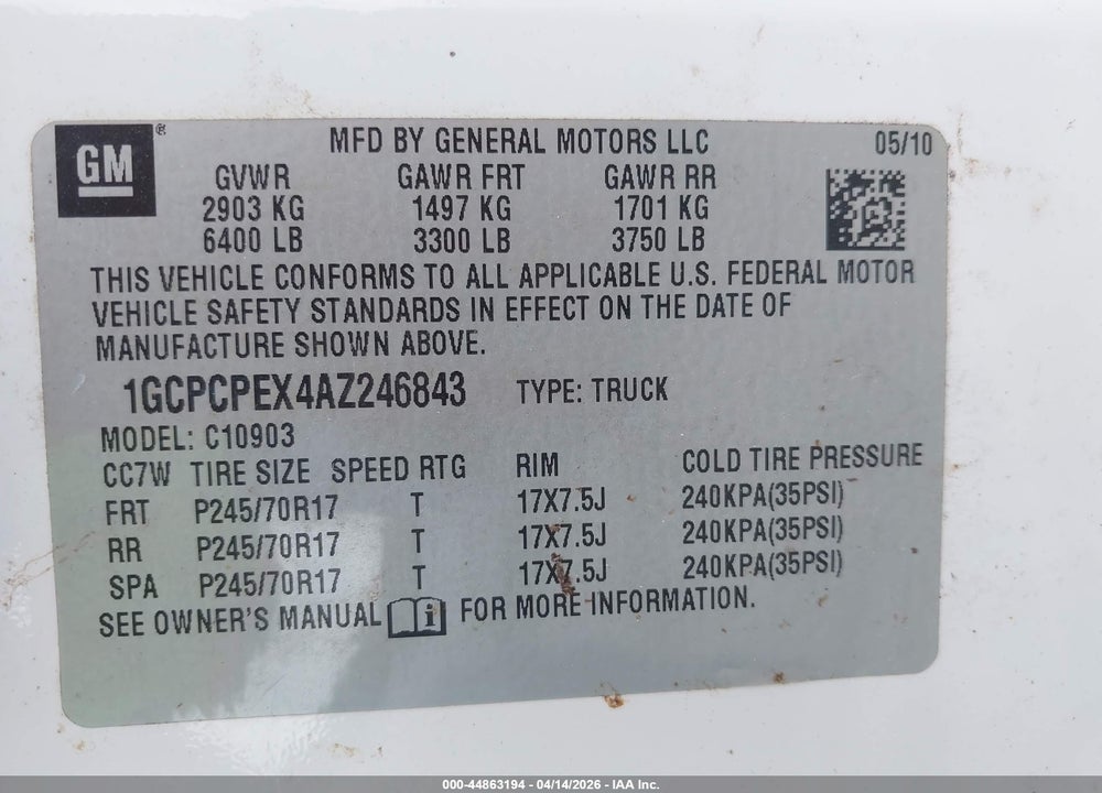 2010 CHEVROLET SILVERADO 1500 WORK TRUCK VIN: 1GCPCPEX4AZ246843
