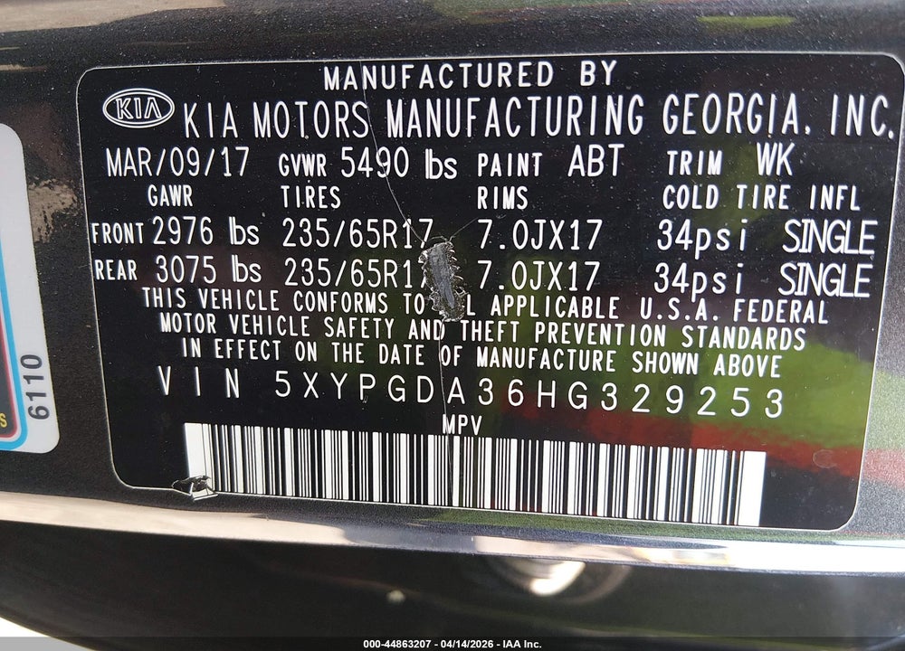 2017 KIA SORENTO 2.4L LX VIN: 5XYPGDA36HG329253