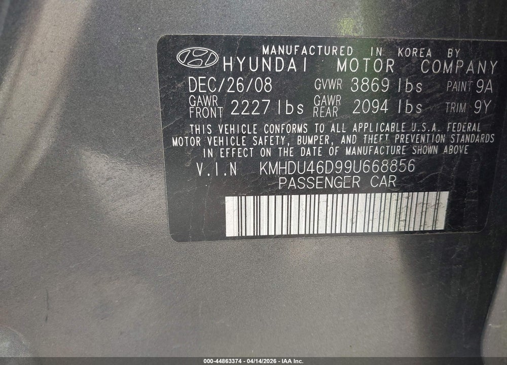 2009 HYUNDAI ELANTRA GLS VIN: KMHDU46D99U668856