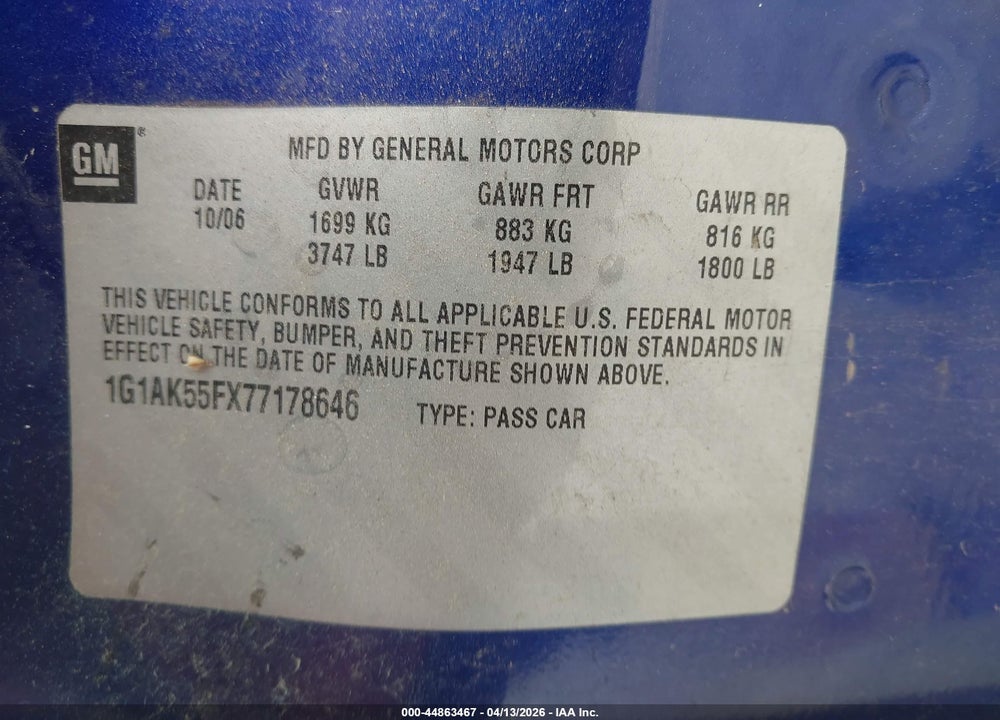 2007 CHEVROLET COBALT LS VIN: 1G1AK55FX77178646