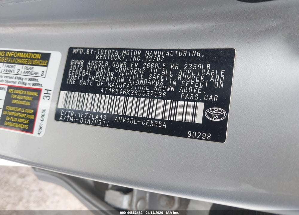 2008 TOYOTA CAMRY HYBRID VIN: 4T1BB46K38U057036