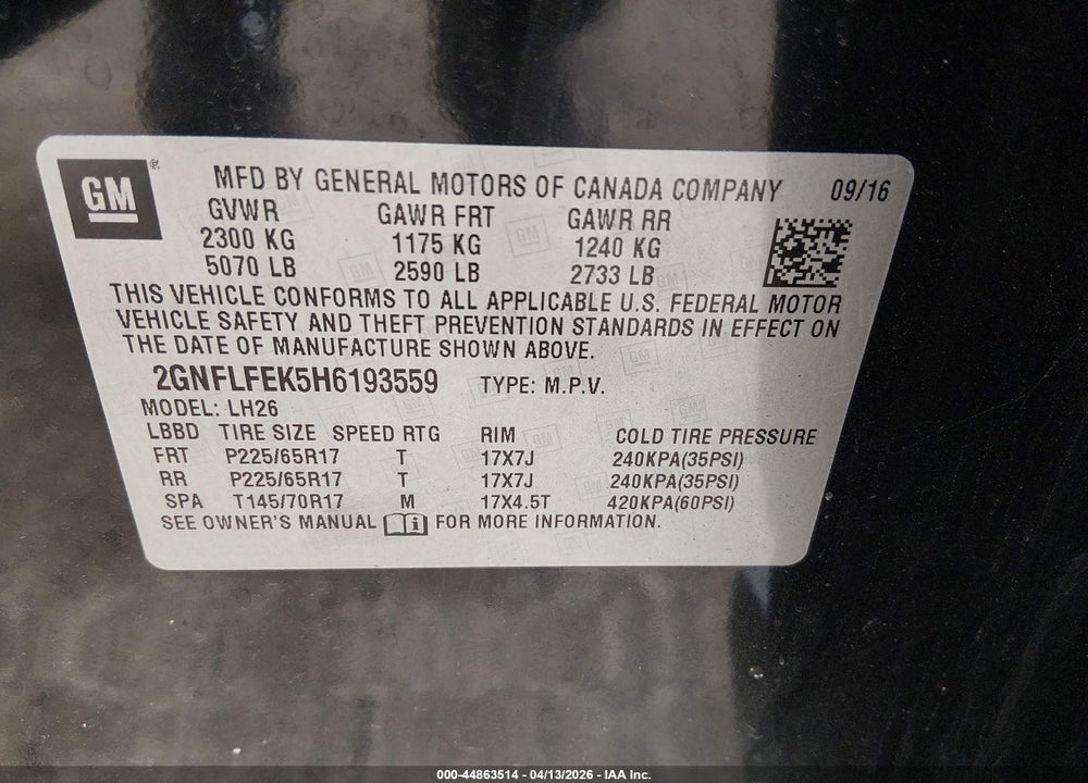 2017 CHEVROLET EQUINOX LT VIN: 2GNFLFEK5H6193559
