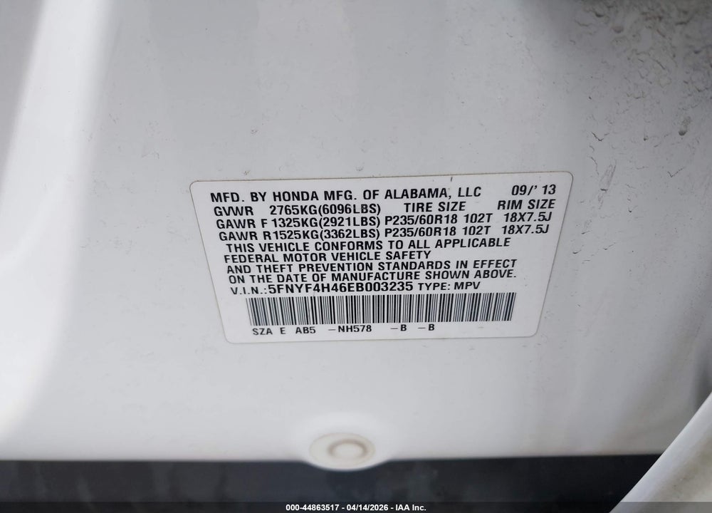 2014 HONDA PILOT EX VIN: 5FNYF4H46EB003235