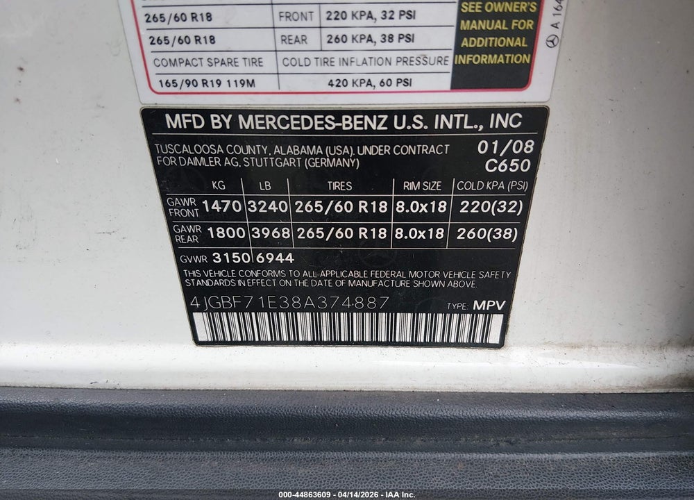2008 MERCEDES-BENZ GL 450 4MATIC VIN: 4JGBF71E38A374887