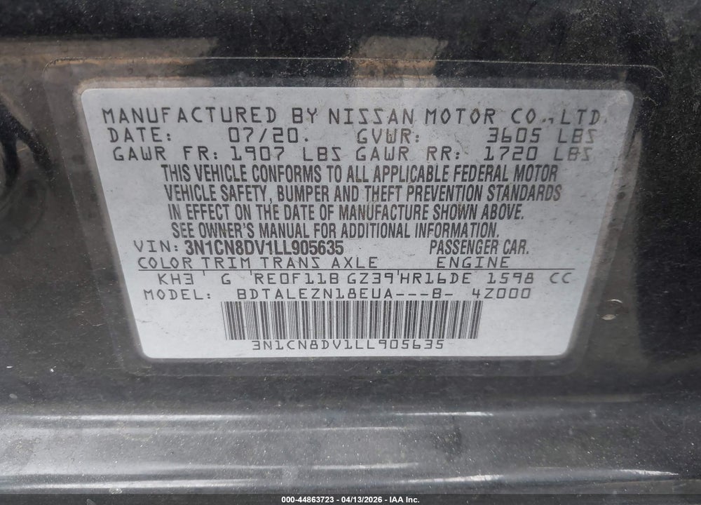 2020 NISSAN VERSA S XTRONIC CVT VIN: 3N1CN8DV1LL905635