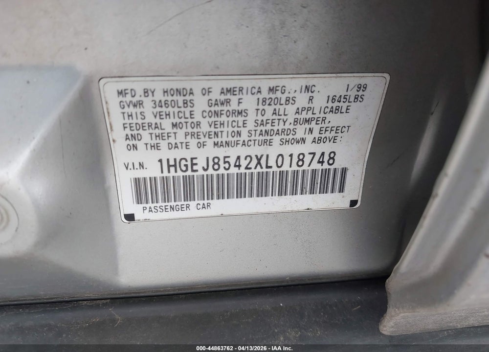 1999 HONDA CIVIC EX VIN: 1HGEJ8542XL018748