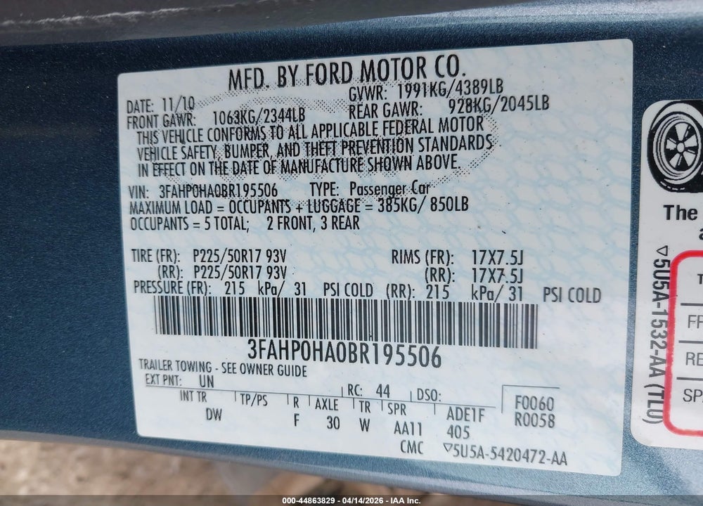 2011 FORD FUSION SE VIN: 3FAHP0HA0BR195506