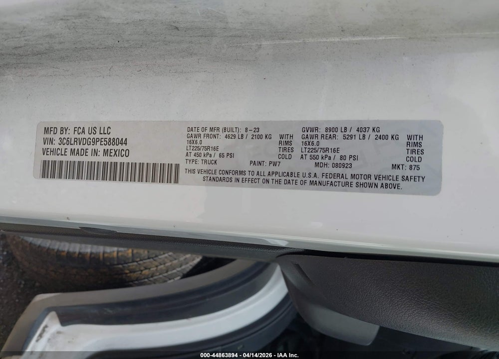 2023 RAM PROMASTER 2500 HIGH ROOF 159 WB VIN: 3C6LRVDG9PE588044