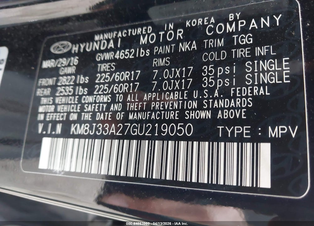 2016 HYUNDAI TUCSON ECO VIN: KM8J33A27GU219050