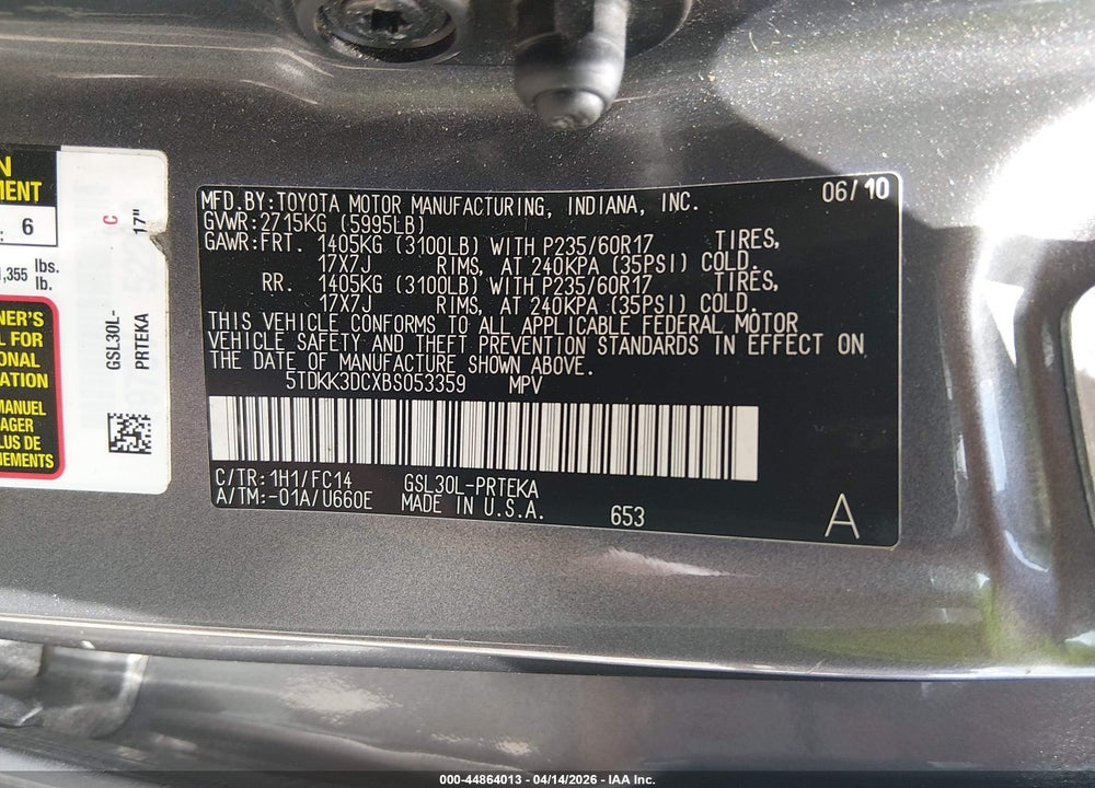 2011 TOYOTA SIENNA LE V6 VIN: 5TDKK3DCXBS053359