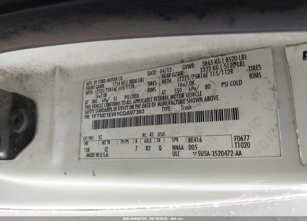 2012 FORD ECONOLINE E150 VAN VIN: 1FTNE1EW1CDA97393