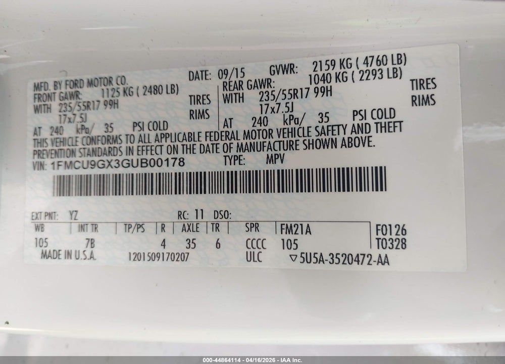 2016 FORD ESCAPE SE VIN: 1FMCU9GX3GUB00178