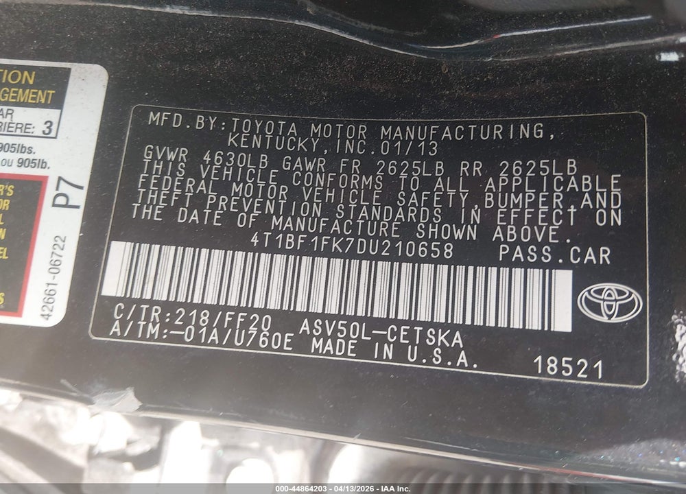2013 TOYOTA CAMRY SE VIN: 4T1BF1FK7DU210658
