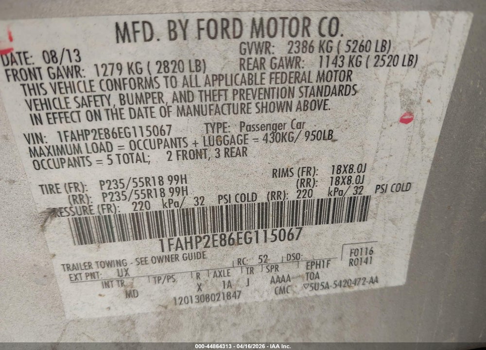 2014 FORD TAURUS SEL VIN: 1FAHP2E86EG115067