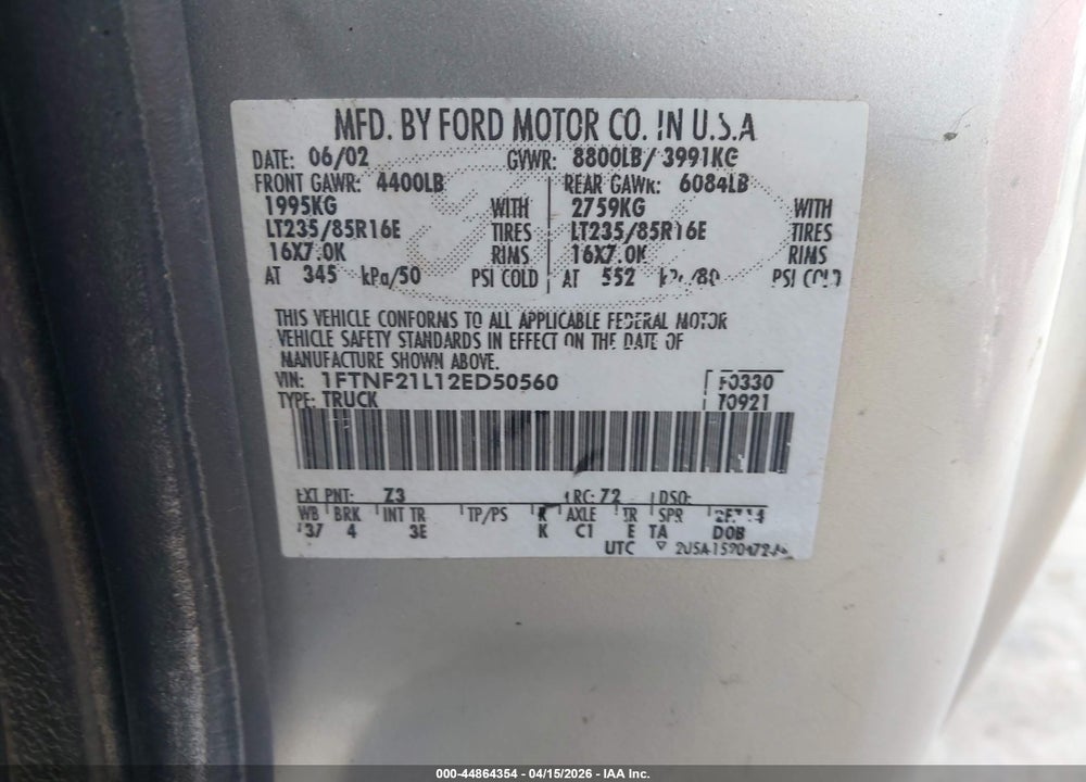 2002 FORD F-250 XL/XLT VIN: 1FTNF21L12ED50560