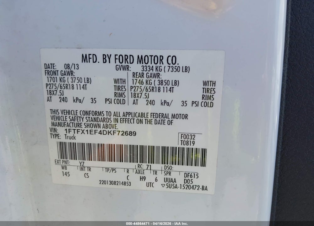 2013 FORD F-150 STX VIN: 1FTFX1EF4DKF72689