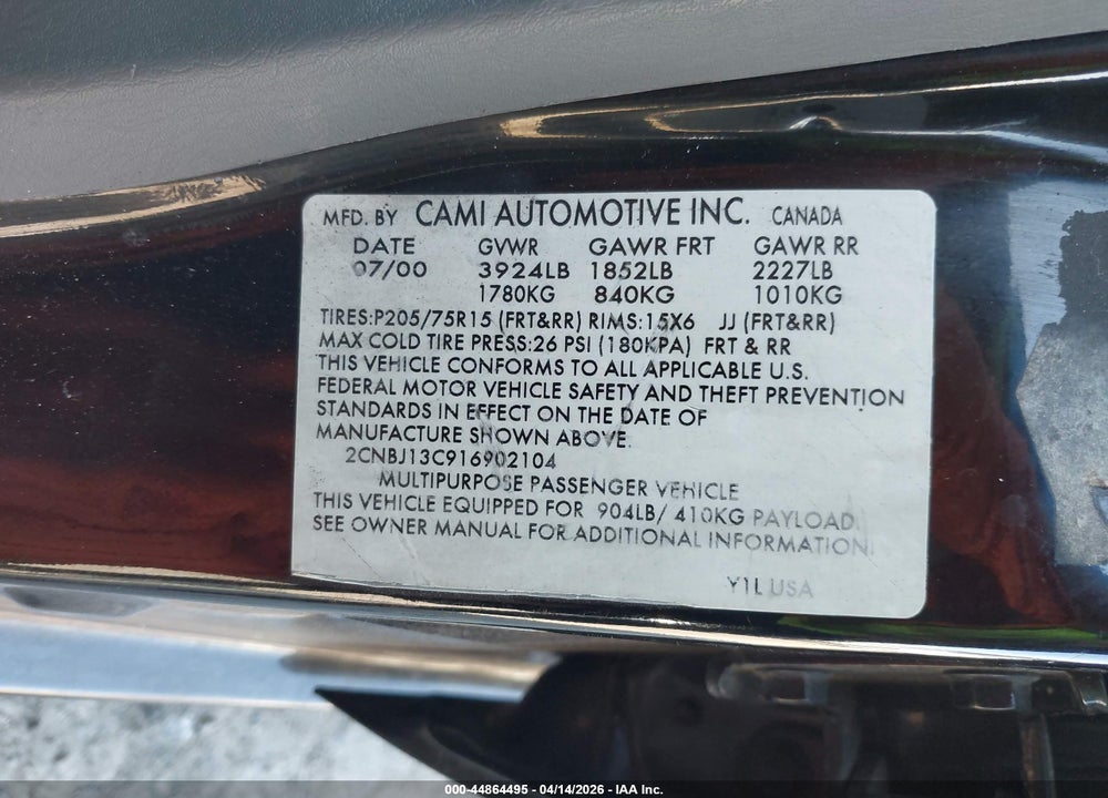 2001 CHEVROLET TRACKER HARD TOP BASE VIN: 2CNBJ13C916902104