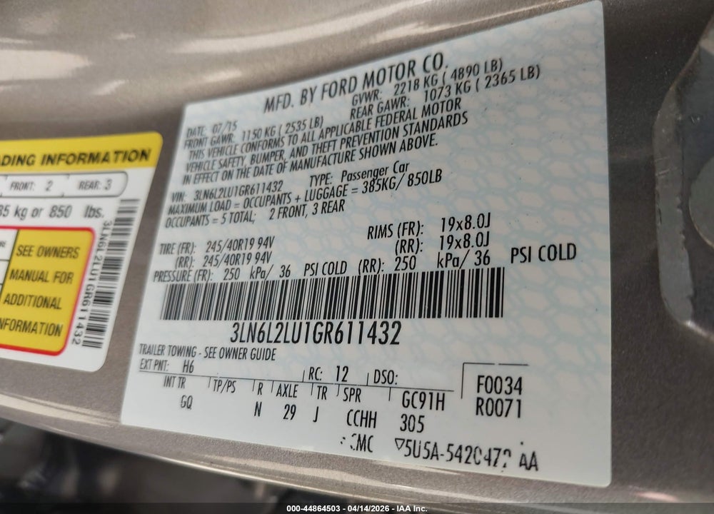 2016 LINCOLN MKZ HYBRID VIN: 3LN6L2LU1GR611432