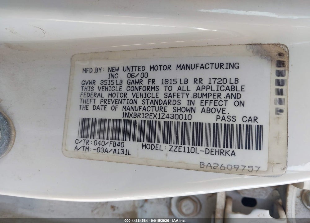 2001 TOYOTA COROLLA CE VIN: 1NXBR12EX1Z430010