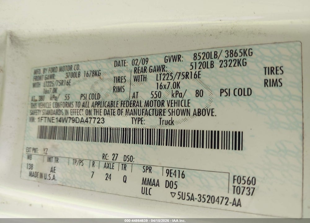 2009 FORD ECONOLINE CARGO VAN COMMERCIAL/RECREATIONAL VIN: 1FTNE14W79DA47723