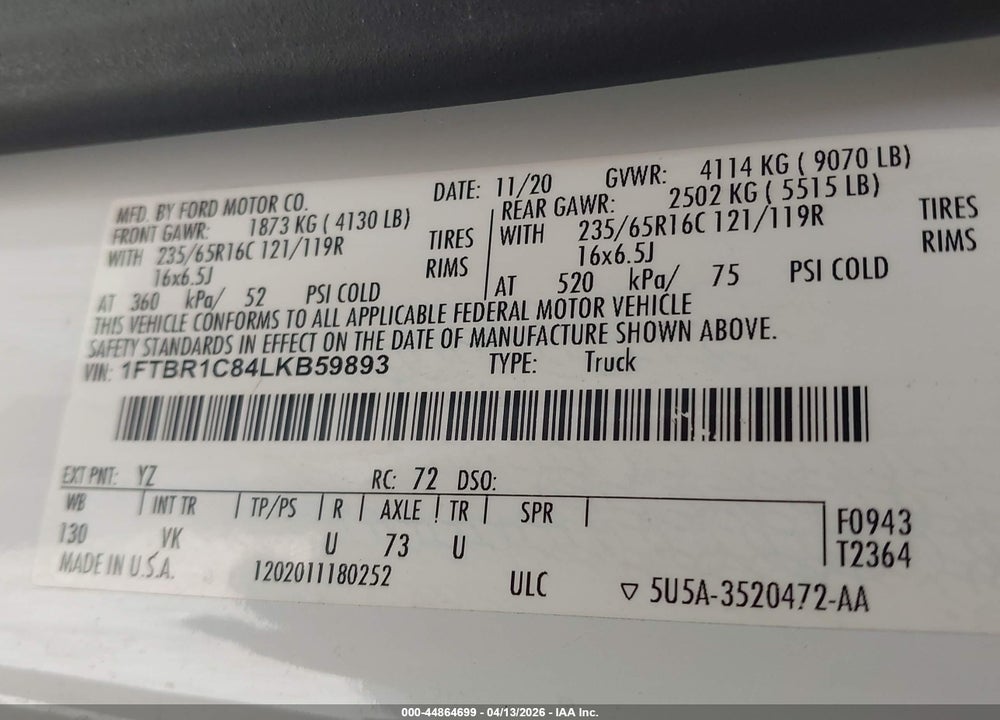 2020 FORD TRANSIT-250 VIN: 1FTBR1C84LKB59893