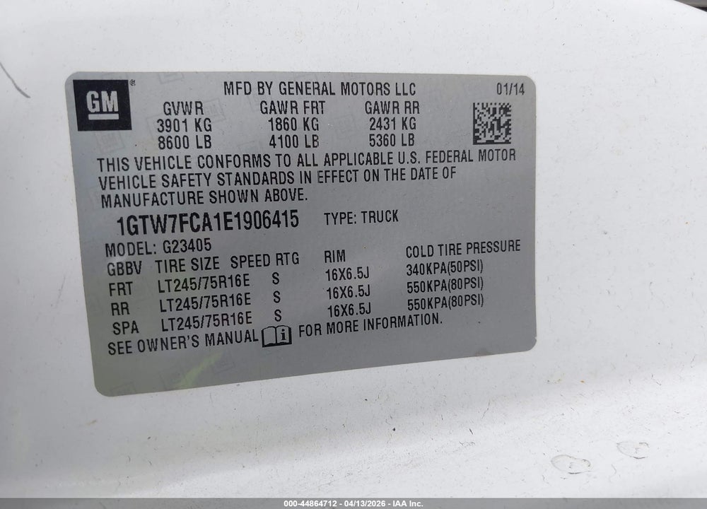 2014 GMC SAVANA 2500 WORK VAN VIN: 1GTW7FCA1E1906415