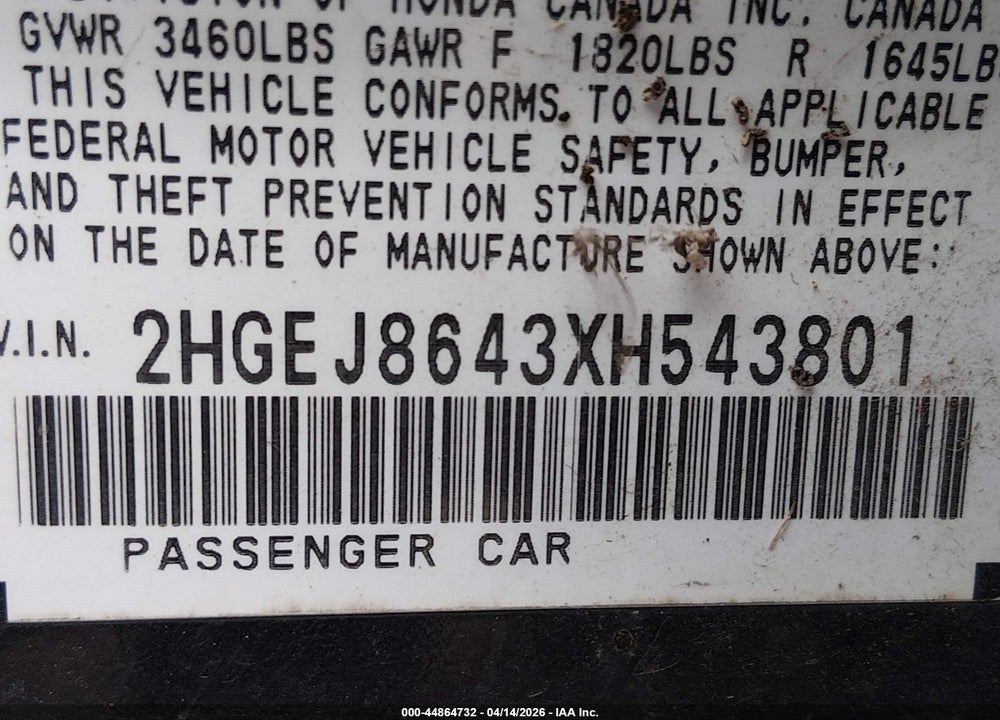 1999 HONDA CIVIC EX VIN: 2HGEJ8643XH543801