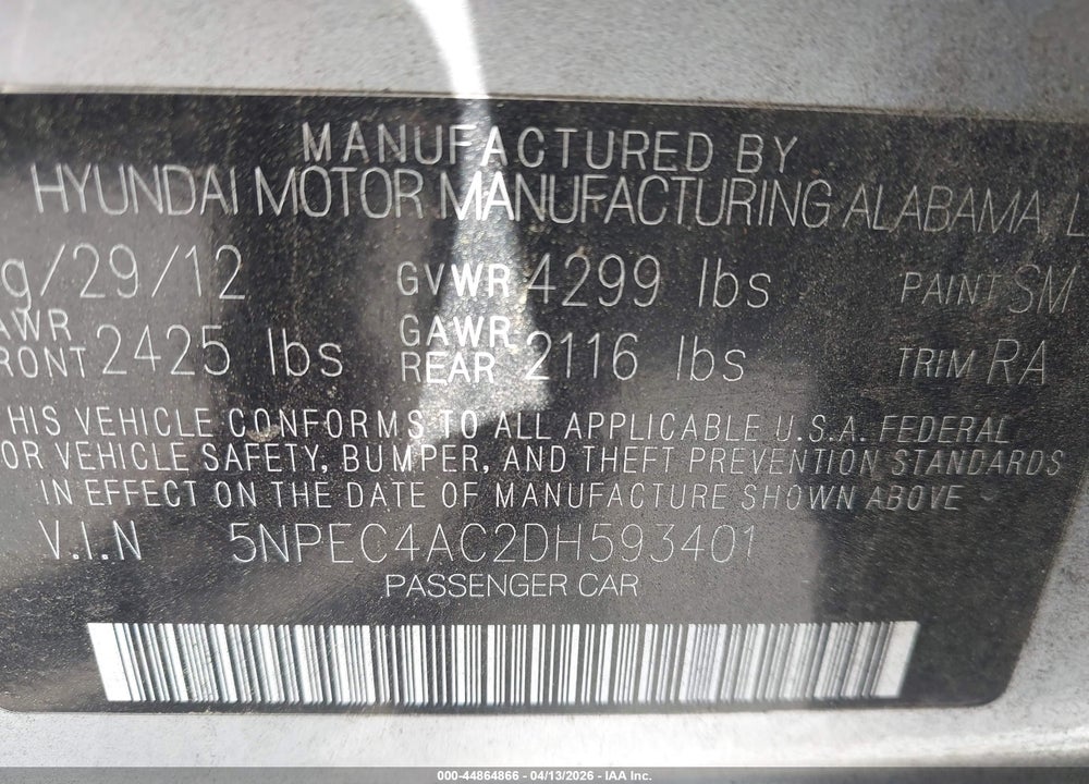 2013 HYUNDAI SONATA LIMITED VIN: 5NPEC4AC2DH593401