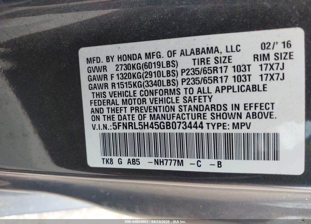 2016 HONDA ODYSSEY EX VIN: 5FNRL5H45GB073444