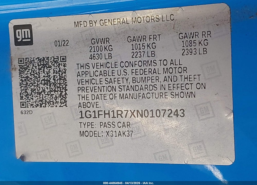 2022 CHEVROLET CAMARO SS VIN: 1G1FH1R7XN0107243