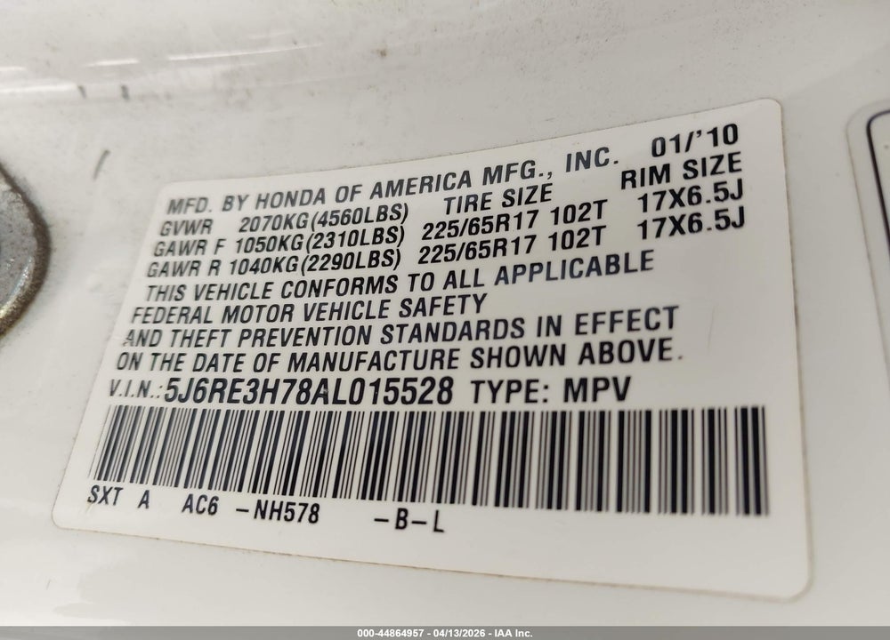 2010 HONDA CR-V EX-L VIN: 5J6RE3H78AL015528