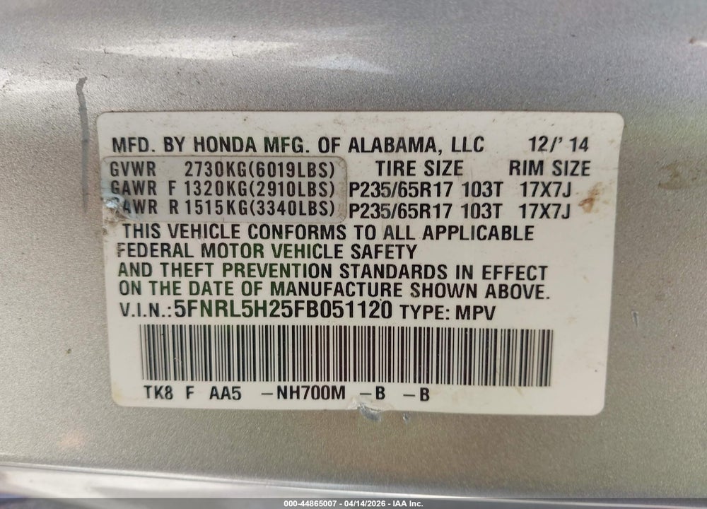 2015 HONDA ODYSSEY LX VIN: 5FNRL5H25FB051120