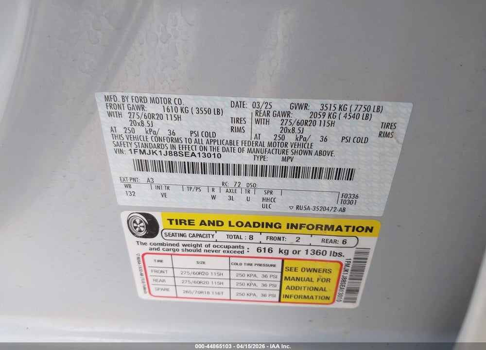 2025 FORD EXPEDITION ACTIVE MAX VIN: 1FMJK1J88SEA13010