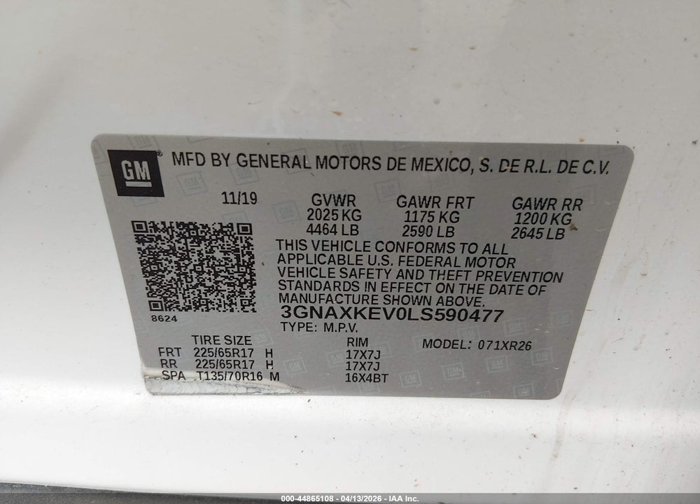 2020 CHEVROLET EQUINOX FWD LT 1.5L TURBO VIN: 3GNAXKEV0LS590477
