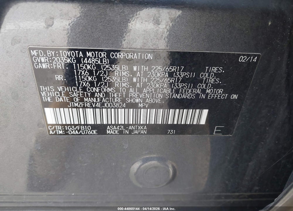 2014 TOYOTA RAV4 LE VIN: JTMZFREV4EJ003824