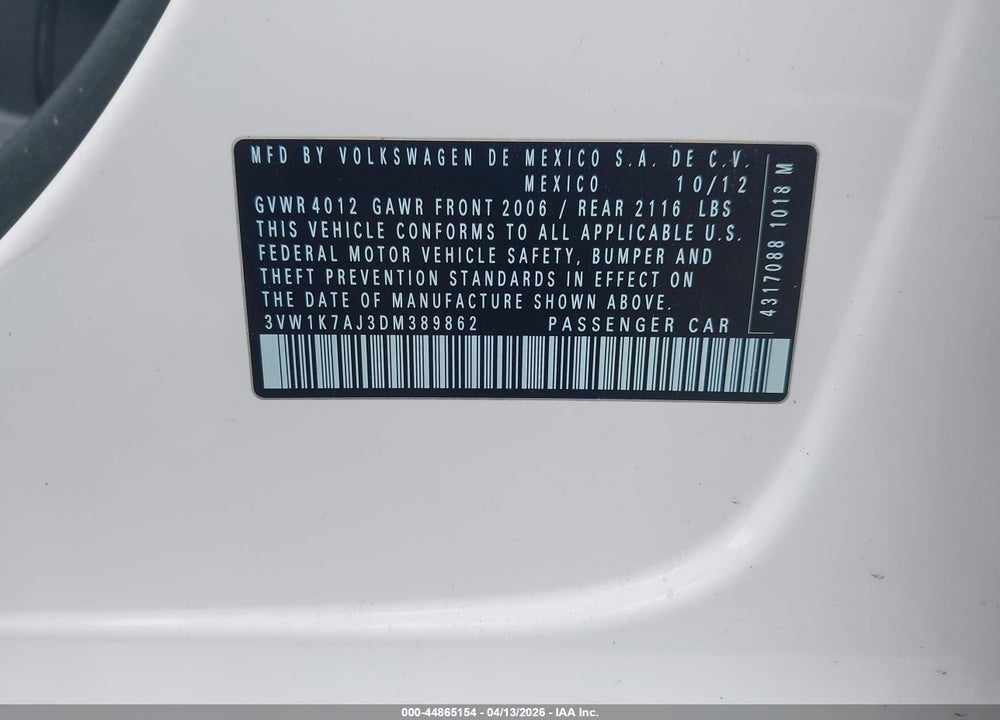 2013 VOLKSWAGEN JETTA VIN: 3VW1K7AJ3DM389862