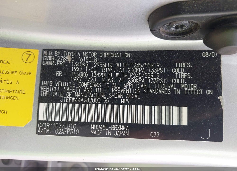 2008 TOYOTA HIGHLANDER HYBRID LIMITED VIN: JTEEW44A282000155