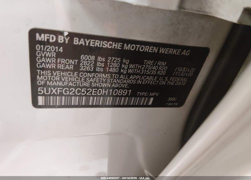2014 BMW X6 XDRIVE35I VIN: 5UXFG2C52E0H10891