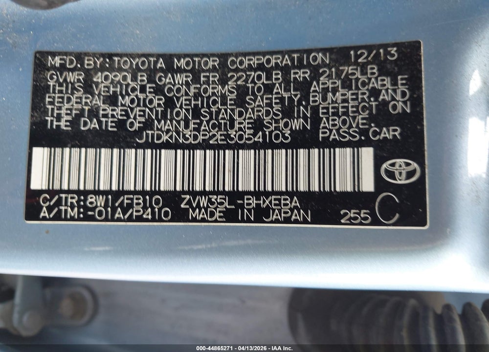 2014 TOYOTA PRIUS PLUG-IN VIN: JTDKN3DP2E3054103