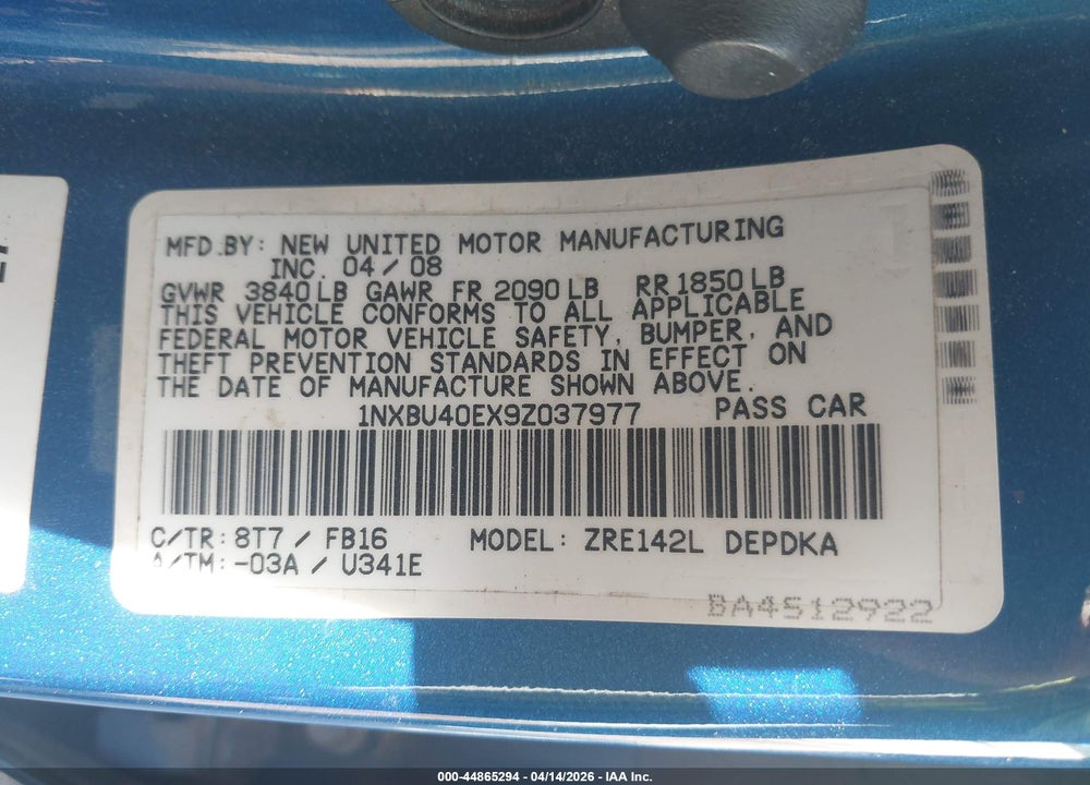 2009 TOYOTA COROLLA VIN: 1NXBU40EX9Z037977