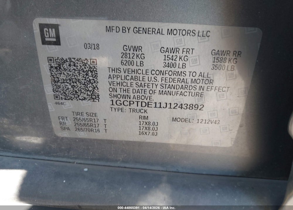 2018 CHEVROLET COLORADO Z71 VIN: 1GCPTDE11J1243892