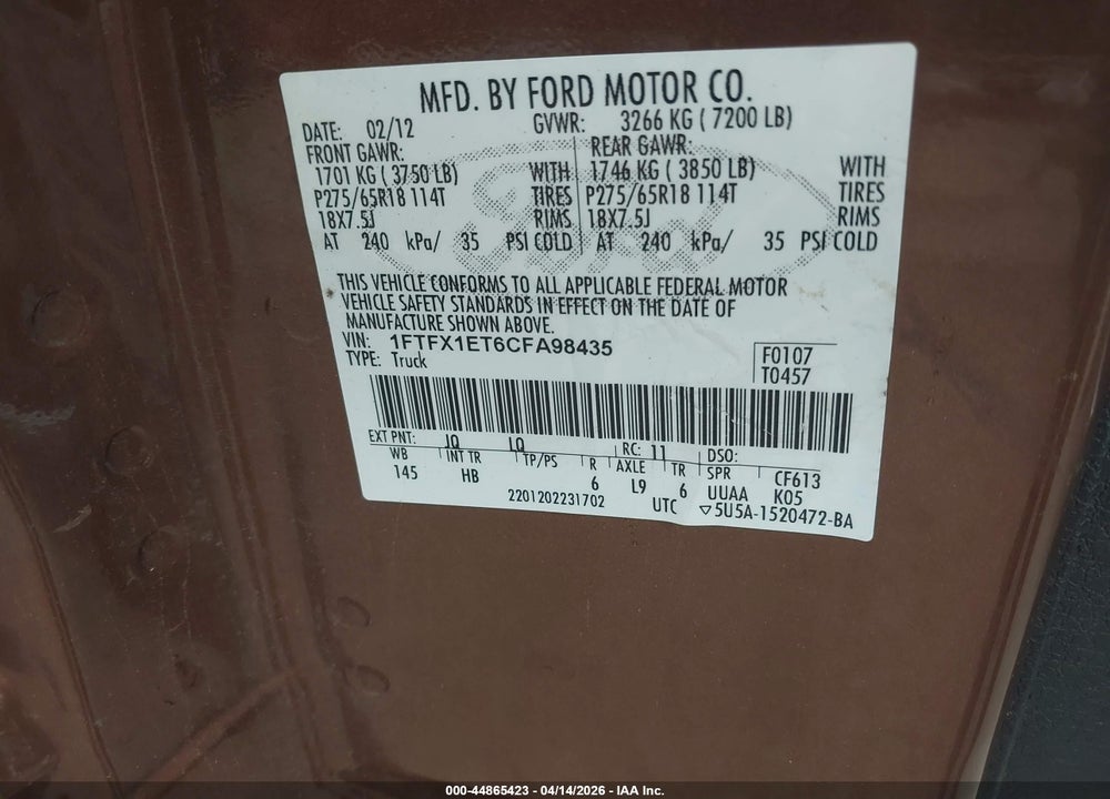 2012 FORD F-150 LARIAT VIN: 1FTFX1ET6CFA98435
