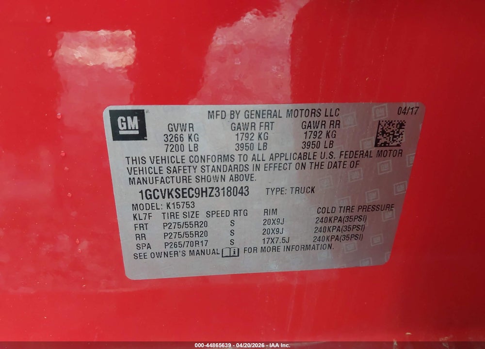 2017 CHEVROLET SILVERADO 1500 VIN: 1GCVKSEC9HZ318043