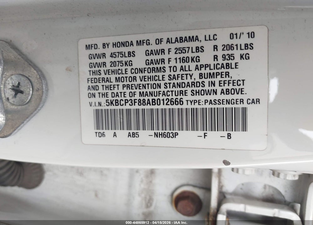 2010 HONDA ACCORD 3.5 EX-L VIN: 5KBCP3F88AB012666