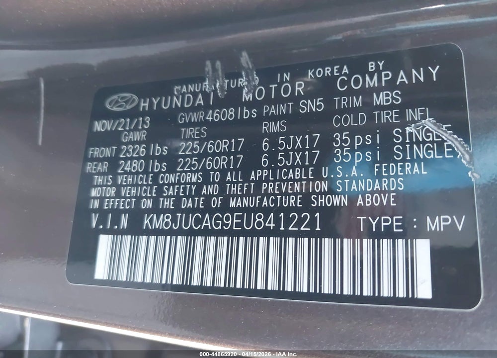 2014 HYUNDAI TUCSON SE VIN: KM8JUCAG9EU841221