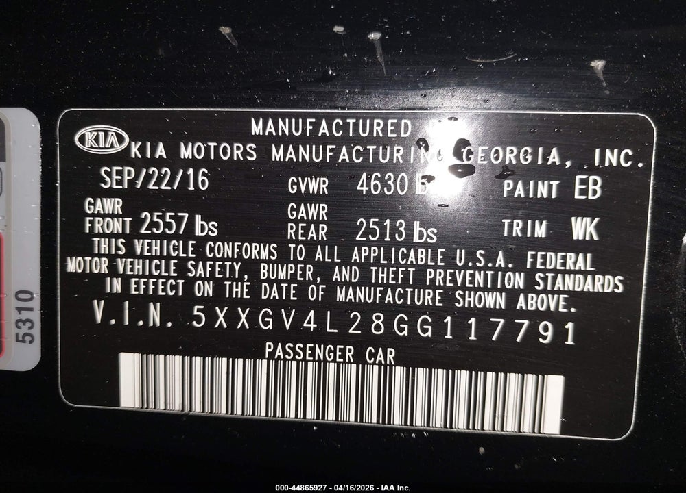 2016 KIA OPTIMA SXL TURBO VIN: 5XXGV4L28GG117791