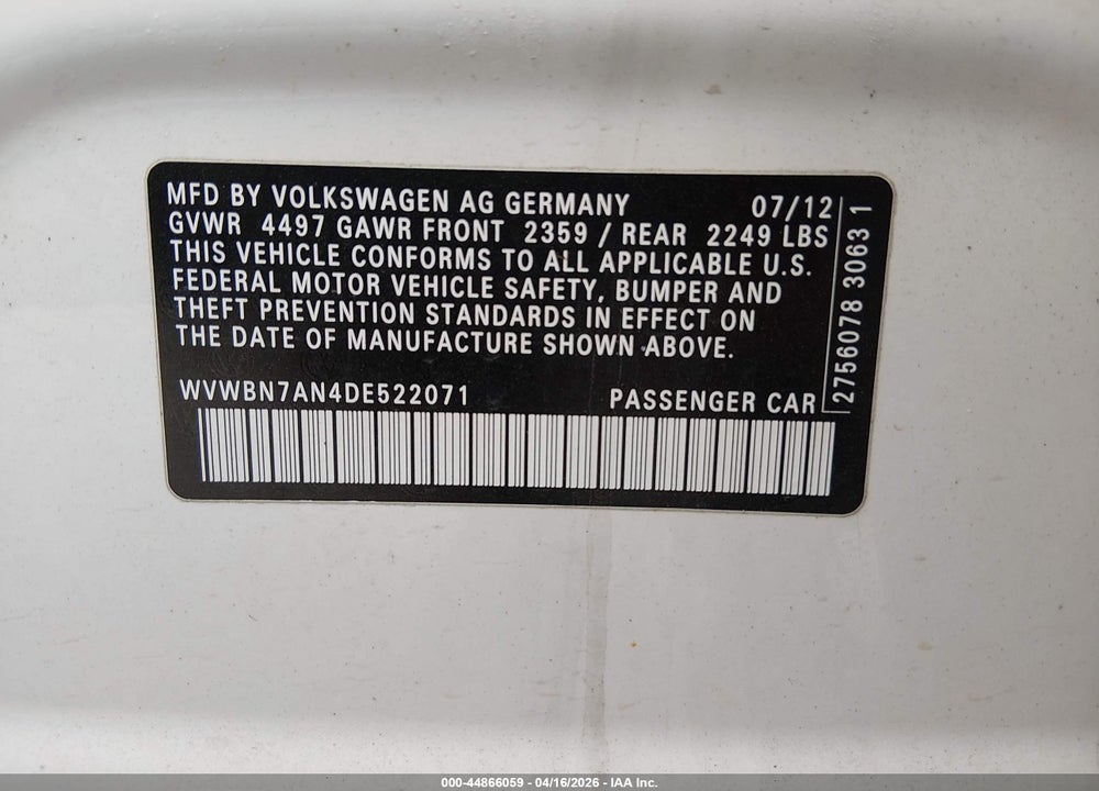 2013 VOLKSWAGEN CC 2.0T SPORT VIN: WVWBN7AN4DE522071